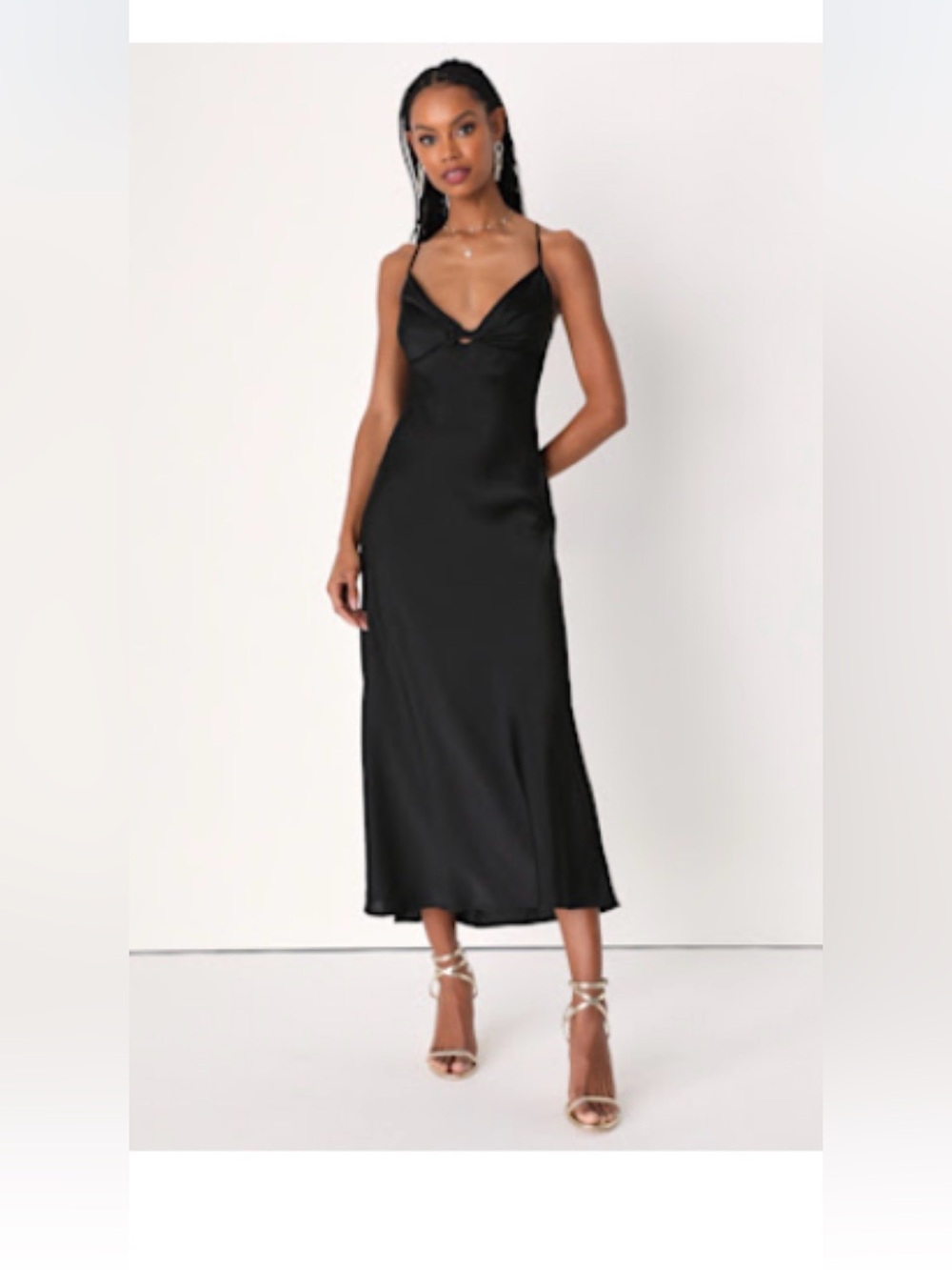 Romantic Flirt Black Satin Twist-Front Midi Dress